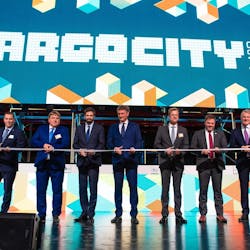 Csaba Szlah&oacute;, Mayor of Vecs&eacute;s; Sz&udblac;cs Lajos, Member of the National Assembly of Hungary; Levente Magyar, Parliamentary Under Secretary of State; Dr. Rolf Schnitzler, Chief Executive Officer, Budapest Airport; Gerhard Schroeder, Chairman, Budapest Airport; Steven Polmans, Chairman, TIACA; and Ren&eacute; Droese, Chief Property and Cargo Officer, Budapest Airport (pictured left to right)