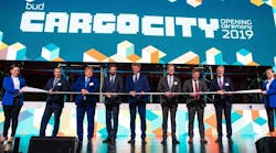 Csaba Szlah&oacute;, Mayor of Vecs&eacute;s; Sz&udblac;cs Lajos, Member of the National Assembly of Hungary; Levente Magyar, Parliamentary Under Secretary of State; Dr. Rolf Schnitzler, Chief Executive Officer, Budapest Airport; Gerhard Schroeder, Chairman, Budapest Airport; Steven Polmans, Chairman, TIACA; and Ren&eacute; Droese, Chief Property and Cargo Officer, Budapest Airport (pictured left to right)