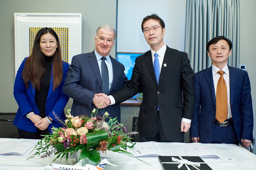 Pictured, from left to right, Cynthia Zhang, Country Managing Director, Universal Aviation China; Greg Evans, Chairman, Universal; MA Yin, General Manager of Capital Jet Co. Ltd.; TANG Chuan Jun, General Manager, Operational Control Center, Capital Jet Co, Ltd.