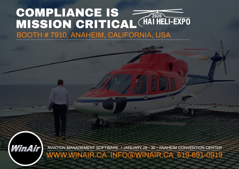Win Air Hai Heli Expo 2020 Promotional Image With Offshore Helicopter Booth 7910 Aviation Management Software