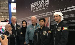 Endeavour Scholarship winners and leaders at the Dubai Airshow 2019 (l to r): Educator Rasha Abou Arkoub, Kallman Foundation President and CEO Tom Kallman, student Alanood Abdulla Al Hajri, Apollo 15 CMP Al Worden, students Omran Rahma Orman Ali Al Shamsi and Mohammed Humaid Aldhaheri. Not pictured: Student Saif Baha Al Badawna and educator Ghaleb Awad Wahbi. Endeavour Scholarship winners and leaders at the Dubai Airshow 2019 (l to r): Educator Rasha Abou Arkoub, Kallman Foundation President and CEO Tom Kallman, student Alanood Abdulla Al Hajri, Apollo 15 CMP Al Worden, students Omran Rahma Orman Ali Al Shamsi and Mohammed Humaid Aldhaheri. Not pictured: Student Saif Baha Al Badawna and educator Ghaleb Awad Wahbi.