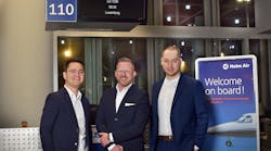 From left to right: Maksim Izmaylov, Founder of Winding Tree, Frederick Nowotny, Head of Sales Engineering at Hahn Air, and Davide Montali, CIO of Winding Tree.