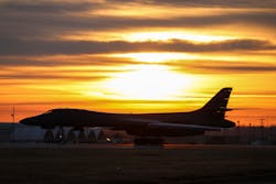 A B-1B Lancer taxis toward the runway during a Bomber Agile Combat Employment exercise at Naval Air Station Fort Worth Joint Reserve Base, Texas, Dec. 12, 2019. The training is part of a local initiative at Dyess Air Force Base, Texas, to develop and improve Airmen’s capability to deploy B-1B Lancer aircraft, personnel and equipment to austere or unfamiliar locations worldwide and on short notice in support of Air Force strategic objectives. A B-1B Lancer taxis toward the runway during a Bomber Agile Combat Employment exercise at Naval Air Station Fort Worth Joint Reserve Base, Texas, Dec. 12, 2019. The training is part of a local initiative at Dyess Air Force Base, Texas, to develop and improve Airmen’s capability to deploy B-1B Lancer aircraft, personnel and equipment to austere or unfamiliar locations worldwide and on short notice in support of Air Force strategic objectives.
