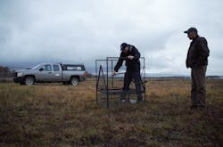 Tony Aderman, Agriculture Department district supervisor, and Dane Williams, wildlife specialist, check Swedish goshawk traps at Alpena Combat Readiness Training Center, Mich., as part of the base's Bird/wildlife Aircraft Strike Hazard (BASH) program, Oct. 29, 2019. Tony Aderman, Agriculture Department district supervisor, and Dane Williams, wildlife specialist, check Swedish goshawk traps at Alpena Combat Readiness Training Center, Mich., as part of the base's Bird/wildlife Aircraft Strike Hazard (BASH) program, Oct. 29, 2019.