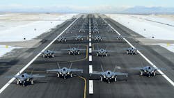 F-35A Lightning II aircraft sit on the flightline during an exercise at Hill Air Force Base, Utah, Jan. 6, 2020. A little more than four years after receiving their first combat-coded F-35A aircraft, Hill AFB’s fighter wings have achieved full warfighting capability. The exercise demonstrated the ability to employ a large force of F-35As – testing readiness in the areas of personnel accountability, aircraft generation, ground operations, flight operations and combat capability against air and ground targets. F-35A Lightning II aircraft sit on the flightline during an exercise at Hill Air Force Base, Utah, Jan. 6, 2020. A little more than four years after receiving their first combat-coded F-35A aircraft, Hill AFB’s fighter wings have achieved full warfighting capability. The exercise demonstrated the ability to employ a large force of F-35As – testing readiness in the areas of personnel accountability, aircraft generation, ground operations, flight operations and combat capability against air and ground targets.