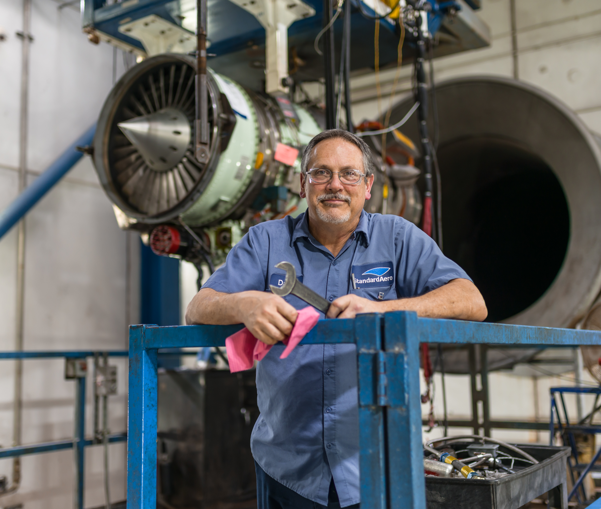 Employee rigs engine for final testing at StandardAero&rsquo;s Houston, Texas MRO facility