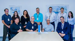 At the table from left to right: Ray Lopez, Quality Director (PTI), Eduardo Girotto, Sr. Director, Manufacturing (PTI), Tadeu Coelho, Financial and Administrative Director (Liebherr Aerospace Brasil) and Rogério Gimenez, Managing Director Operations (Liebherr Aerospace Brasil) were joined by members of the Liebherr Aerospace Brasil team during the contract signature ceremony.