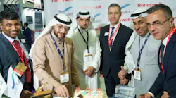Senior representatives from Honeywell and Saudia Aerospace Engineering Industries (SAEI) celebrate the completion of more than 100 auxiliary power unit (APU) repairs at the SAEI Jet Propulsion Center in Jeddah, Saudi Arabia, a Honeywell certified service center.