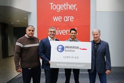 From L-R: Adolfo Aragon, Sr. VP, Universal Aviation; Charlie Mularski, Executive VP, Universal; Jonathan Ebanks, Director, Universal Aviation Cayman Islands; Greg Evans, Chairman, Universal. From L-R: Adolfo Aragon, Sr. VP, Universal Aviation; Charlie Mularski, Executive VP, Universal; Jonathan Ebanks, Director, Universal Aviation Cayman Islands; Greg Evans, Chairman, Universal.