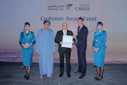 Mohammed Al Musafir, SVP Commercial Cargo of Oman Air (left), and Paul Robert Starrs, Chief Commercial Officer of Oman Air (right), present the award to Thomas Sonntag, CEO of Jettainer GmbH. Mohammed Al Musafir, SVP Commercial Cargo of Oman Air (left), and Paul Robert Starrs, Chief Commercial Officer of Oman Air (right), present the award to Thomas Sonntag, CEO of Jettainer GmbH.