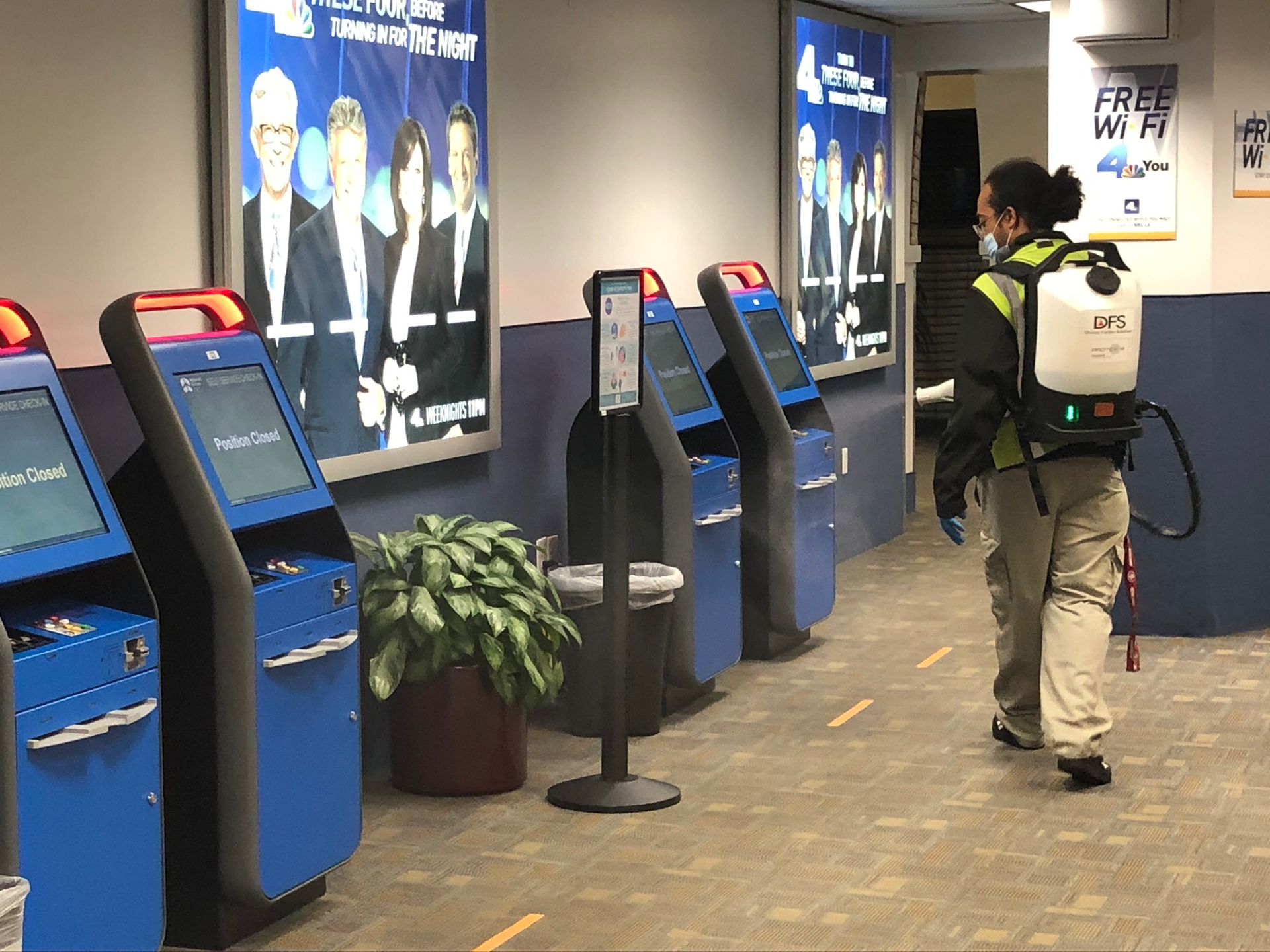Cleaning crews at Hollywood Burbank Airport wipe down areas during the daytime hours and deploy a sprayer at night to add a an additional level of disinfection.