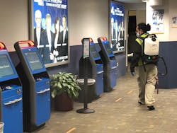 Cleaning crews at Hollywood Burbank Airport wipe down areas during the daytime hours and deploy a sprayer at night to add a an additional level of disinfection. Cleaning crews at Hollywood Burbank Airport wipe down areas during the daytime hours and deploy a sprayer at night to add a an additional level of disinfection.