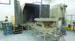 MB Aerospace uses its modified ZERO BNP-7212 abrasive-blasting cabinet to clean ground turbine components before inspecting them for cracks and wear. The components are secured on a 66&rdquo; rotating turntable.