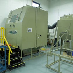 Clemco Industries Corp. manufactures the ZERO line of abrasive-blasting cabinets, such as MB Aerospace&rsquo;s modified ZERO BNP-7212 cabinet at its facility in East Granby, Connecticut. The cabinet is equipped with a 1200 CFM reverse-pulse dust collector and a 1200 CFM reclaimer.