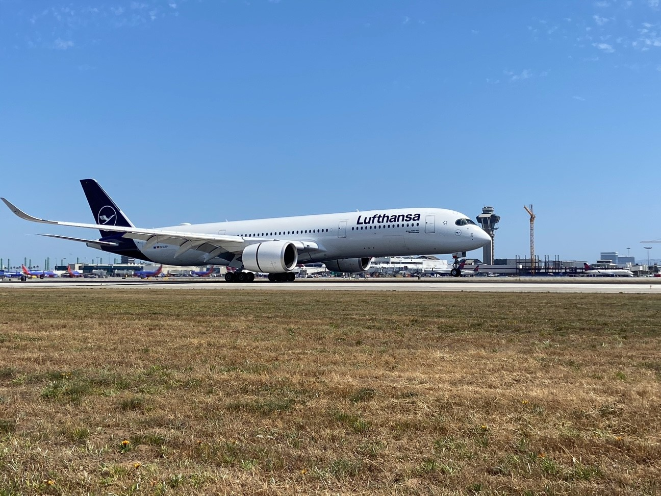 A Lufthansa A350 lands at Los Angeles International Airport on Wednesday, June 3 as the airline resumes nonstop service this week from LA to Munich.