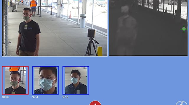 The photograph illustrates an example of the technology to be used at Hawaii&apos;s airports to help identify people with an elevated temperature of 100.4 degrees or above.