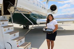 Complimentary water is offered to guests as they get off their plane at Desert Jet Center. Complimentary water is offered to guests as they get off their plane at Desert Jet Center.