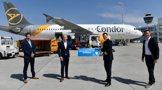 From left to right: Condor Regional Manager for Southern Germany Tomislav Lang, Munich Airport&apos;s CEO Jost Lammers, Condor flight captain Tobias Carstensen and Munich Airport&apos;s Vice President for Traffic Development Oliver Dersch.