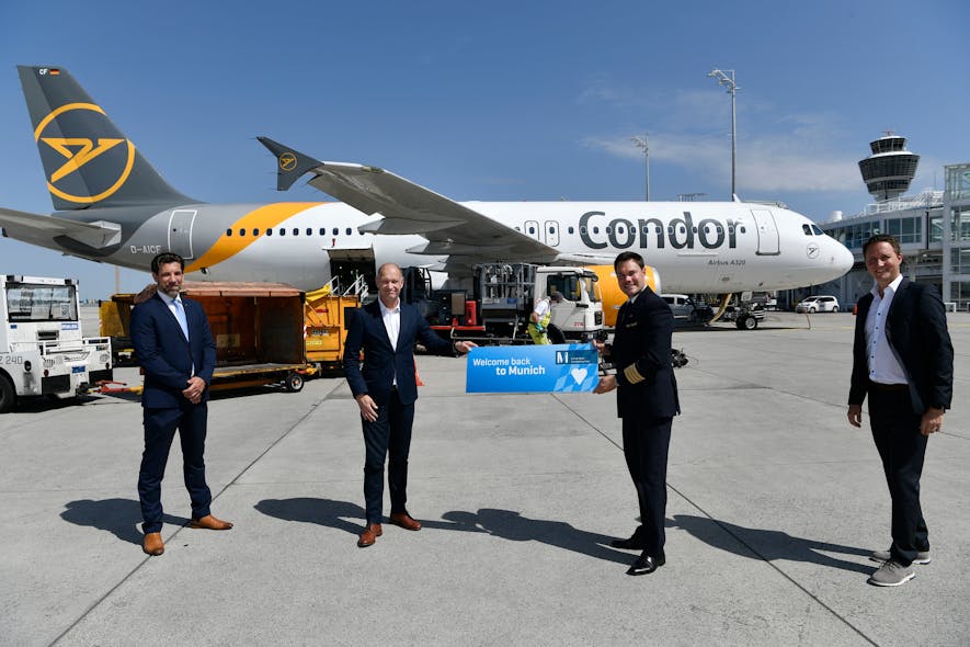 From left to right: Condor Regional Manager for Southern Germany Tomislav Lang, Munich Airport&apos;s CEO Jost Lammers, Condor flight captain Tobias Carstensen and Munich Airport&apos;s Vice President for Traffic Development Oliver Dersch.