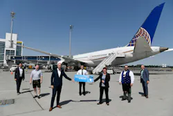 Airport CEO Jost Lammers (left in the front) and the United Station Manager at Munich Airport Ulrike Kraft as well as other representatives of the Airline and the Airport.