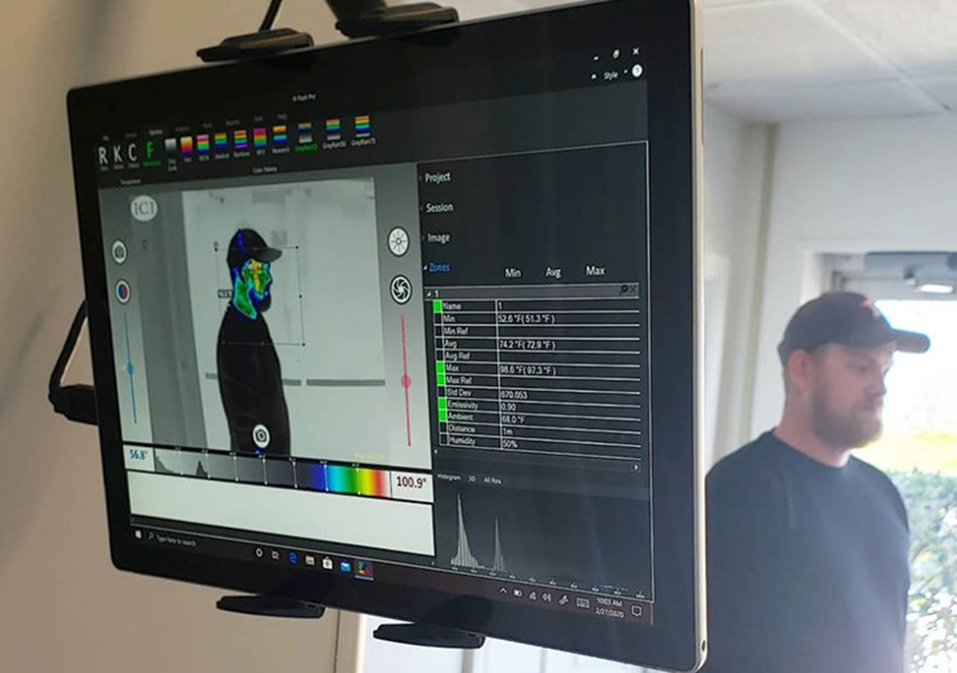 Infrared camera skin temperature detection system in use.
