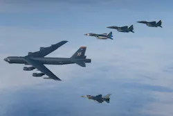 A U.S. Air Force B-52H Stratofortress leads a formation of U.S. F-15C Eagles, F-15E Strike Eagles and Royal Netherlands Air Force F-16's over the North Sea during exercise Point Blank 20-04, Sept. 10, 2020. Point Blank is a recurring, low-cost exercise initiative designed to increase tactical proficiency of the U.S., Ministry of Defence and other NATO forces. A U.S. Air Force B-52H Stratofortress leads a formation of U.S. F-15C Eagles, F-15E Strike Eagles and Royal Netherlands Air Force F-16's over the North Sea during exercise Point Blank 20-04, Sept. 10, 2020. Point Blank is a recurring, low-cost exercise initiative designed to increase tactical proficiency of the U.S., Ministry of Defence and other NATO forces.