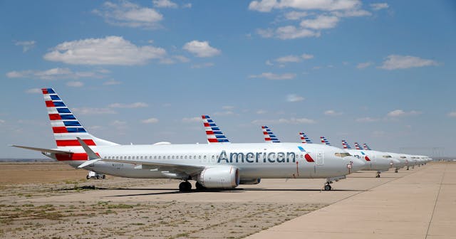 Eight of about a dozen grounded American Airlines Boeing 737 Max 8 aircraft are parked on a remote taxiway at Roswell International Air Center in Roswell, New Mexico, Wednesday, Sept. 4, 2019.