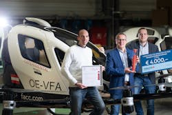 FACC was awarded the Innovation Prize for its Urban Air Mobility project. Peter Glaser, VP Engineering / R&amp;T, CEO Robert Machtlinger and Roland Teubenbacher, Program Manager of FACC (from left to right) are proud of the 1st place.