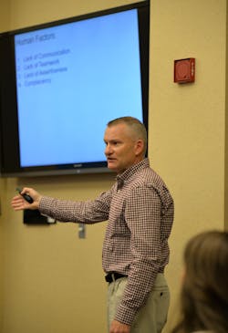 Keith Clark, quality control and technical support rep, Phillips 66 Aviation, lectures during a training session. Keith Clark, quality control and technical support rep, Phillips 66 Aviation, lectures during a training session.