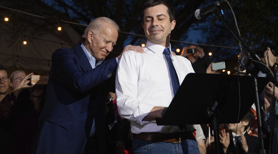 Former Democratic presidential primary candidate Pete Buttigieg endorses Joe Biden, during an event at the Chicken Scratch restaurant the night before Super Tuesday primary voting, on Monday night, March 2, 2020, in Dallas.