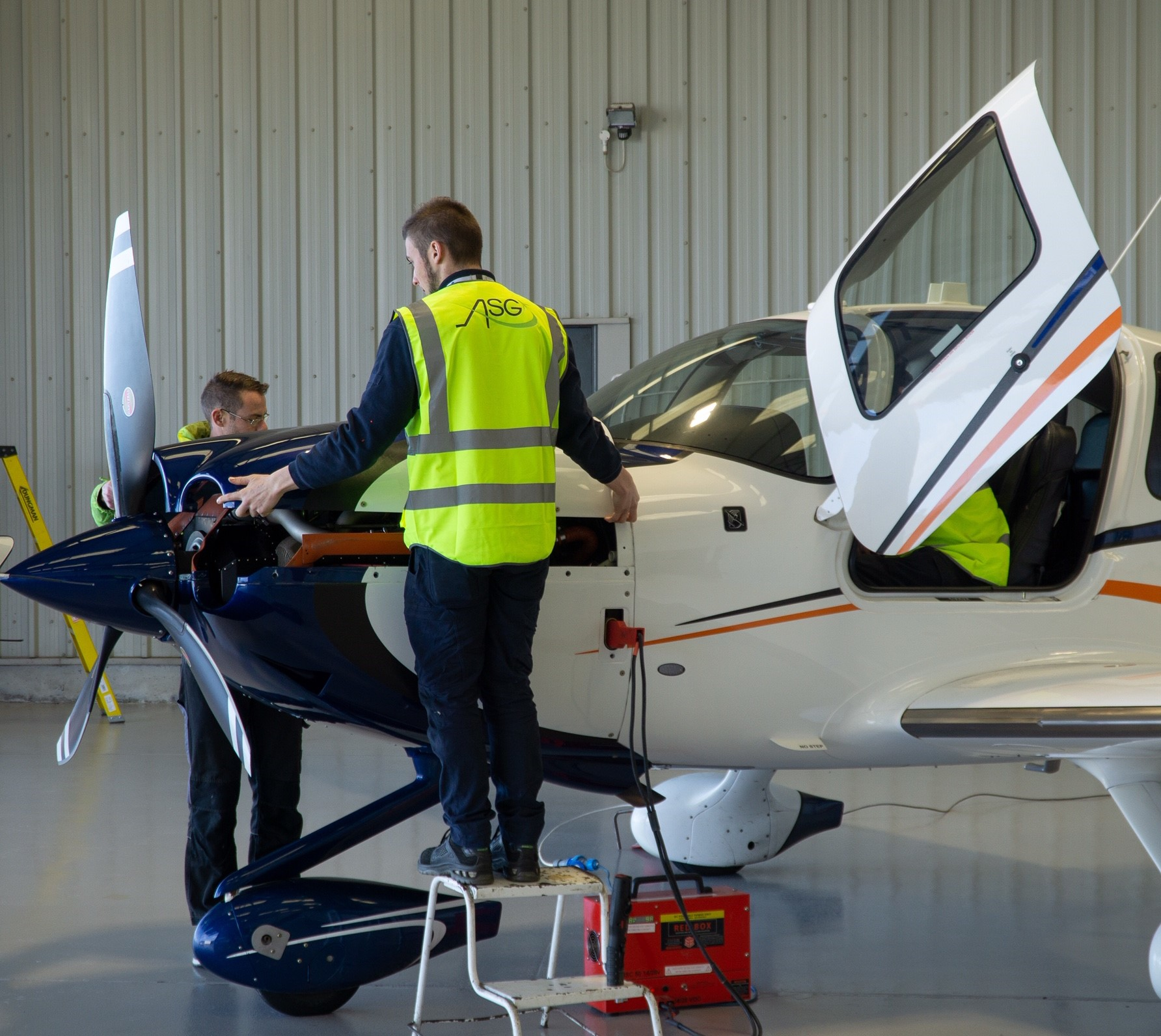 Cirrus maintenance at Guernsey Airport.