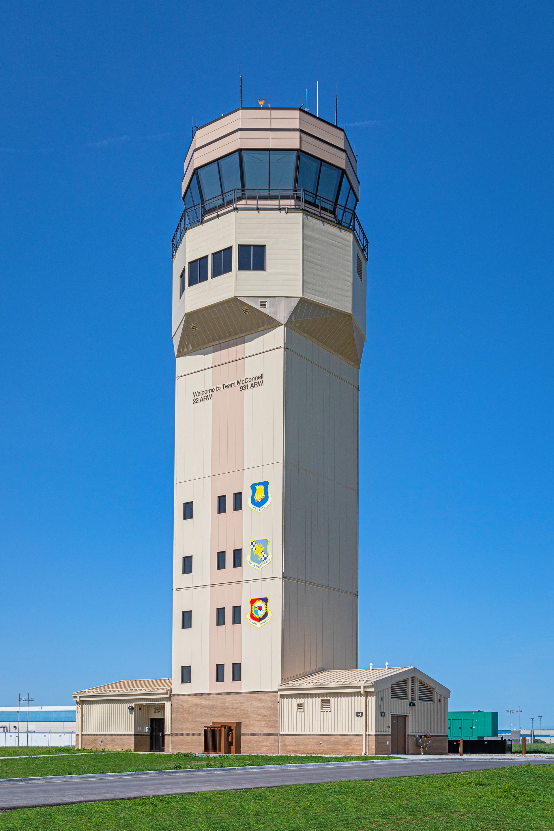 McConnell Air Force Base's new 10-story air traffic control tower was built just feet away from the site of the base's former tower.
