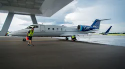 A Jet ICU air ambulance moves under an awning at Tampa International Airport Jet Center on Aug. 28, 2015.