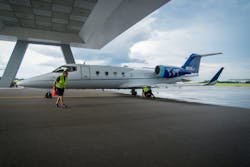 A Jet ICU air ambulance moves under an awning at Tampa International Airport Jet Center on Aug. 28, 2015. A Jet ICU air ambulance moves under an awning at Tampa International Airport Jet Center on Aug. 28, 2015.