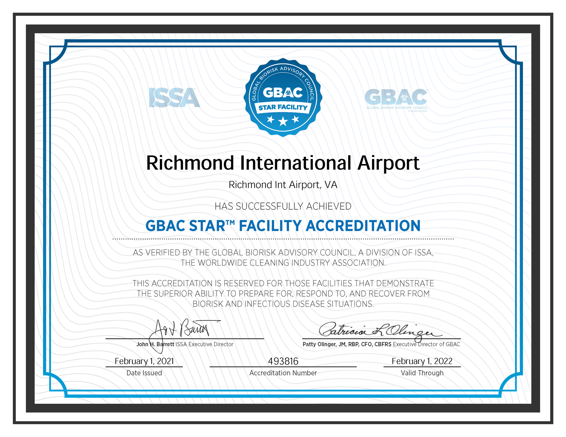 Gbac Star Facility Accreditation Certificate Richmond