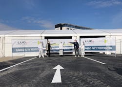 Christian Howaldt (right), CEO, InVitaGO GmbH, and Nina Strippel (left), COO, LUG aircargo handling GmbH, open the COVID-19 testing center in Cargo City South, Frankfurt airport.