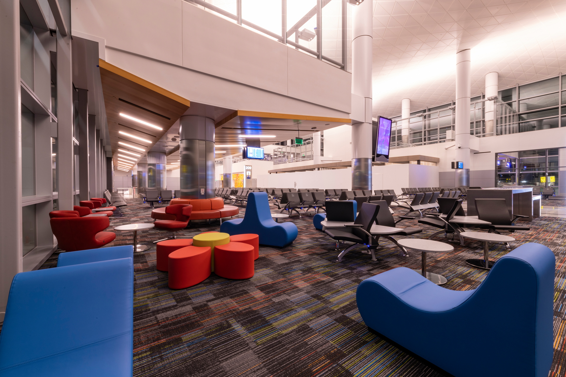 Seating options at the new West Gates at Tom Bradley International Terminal at Los Angeles International Airport include fun and useful designs.