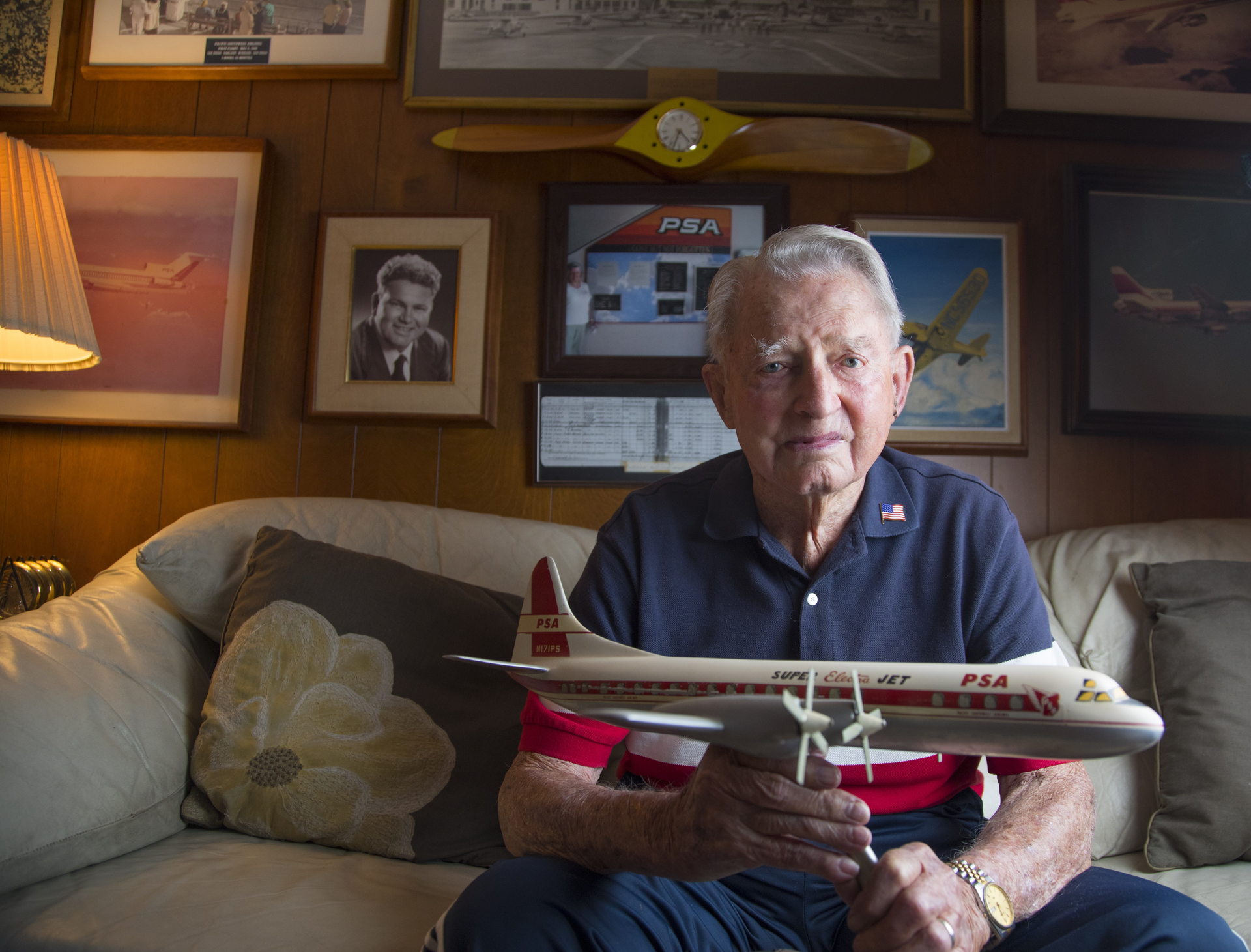 99-year-old Leo Leonard, a co-founder of PSA, Pacific Southwest Airlines at his Del Cerro home, June 19, 2019 in San Diego, California. He is trying to have the pilots who died in the September 25, 1978 midair collision between a PSA Boeing 727 and a private plane over North Park exonerated from having any part in causing the crash that took 144 lives. 135 people on the planes, and seven people on the ground.