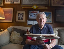 99-year-old Leo Leonard, a co-founder of PSA, Pacific Southwest Airlines at his Del Cerro home, June 19, 2019 in San Diego, California. He is trying to have the pilots who died in the September 25, 1978 midair collision between a PSA Boeing 727 and a private plane over North Park exonerated from having any part in causing the crash that took 144 lives. 135 people on the planes, and seven people on the ground. 99-year-old Leo Leonard, a co-founder of PSA, Pacific Southwest Airlines at his Del Cerro home, June 19, 2019 in San Diego, California. He is trying to have the pilots who died in the September 25, 1978 midair collision between a PSA Boeing 727 and a private plane over North Park exonerated from having any part in causing the crash that took 144 lives. 135 people on the planes, and seven people on the ground.