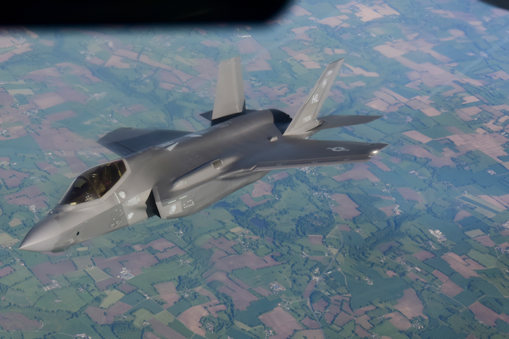 The Pentagon’s F-35 fighter jet, a revenue mainstay for manufacturer Lockheed Martin Corp. and Pratt & Whitney, is facing pushback over its cost, the greatest in U.S. military history for a weapon system. Here, a U.S. Air Force F-35A assigned to the 4th Fighter Squadron, Hill Air Force Base, Utah, flies over France on May 30, 2021.