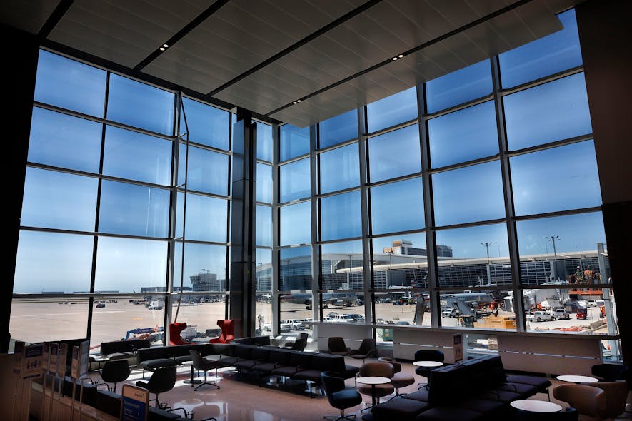 The main waiting area in the Terminal D Extension overlooks the international gates at Dallas-Fort Worth International Airport.