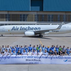 HAECO Xiamen and AEI celebrate the redelivery of the first Boeing 737-800SF converted freighter to Aviation Holdings III, L.P.