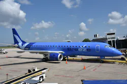 The new tourist airline Breeze flew this Embraer 190 jet into Huntsville, Ala., today to start daily service linking the city to popular Southern travel destinations Charleston, Tampa and New Orleans.