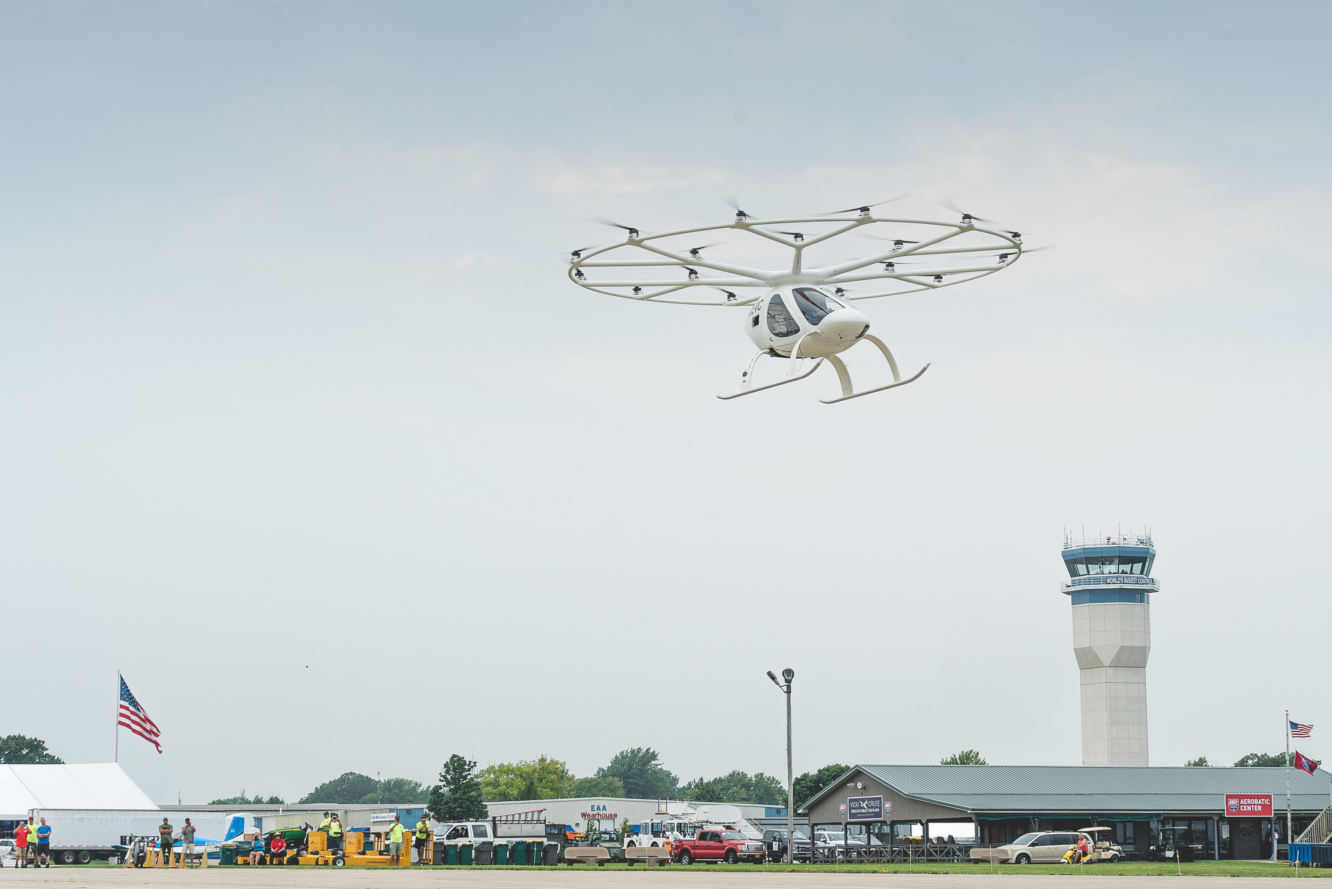 The Volocopter 2X during a rehearsal flight leading up to the EAA AirVenture in Oshkosh, where Volocopter performed the first crewed public flight of an electric vertical take-off and landing aircraft in the US.