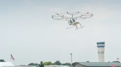 The Volocopter 2X during a rehearsal flight leading up to the EAA AirVenture in Oshkosh, where Volocopter performed the first crewed public flight of an electric vertical take-off and landing aircraft in the US.