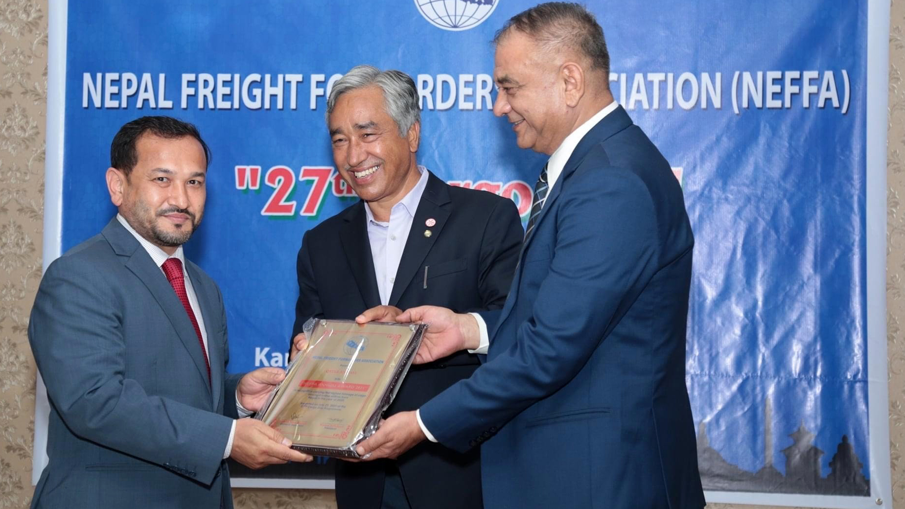 From left to right are Tap Shrestha, senior cargo sales executive, Nepal, Qatar Airways Cargo; Prakash Karki, immediate past president, Nepal Freight Forwarders Association; Manoj Adhikari, president, NEFFA.