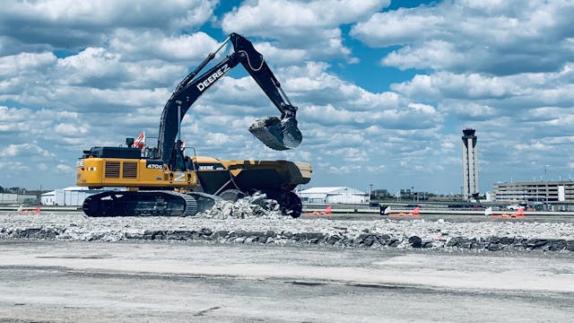 A rehabilitation project replacing the surface layer concrete on Runway 7R/25L is underway at Milwaukee Mitchell International Airport (MKE). The rehabilitation project uses recycled concrete aggregates to keep construction costs down.