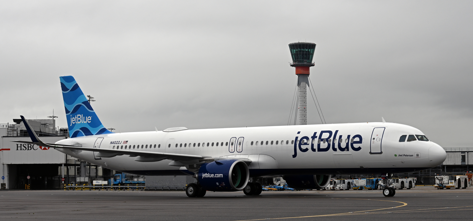 JetBlue's inaugural flight from New York-JFK to London Heathrow Airport arrives in the UK on August 12, 2021, marking the first-ever transatlantic service by the U.S.-based travel company.