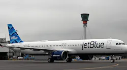 JetBlue's inaugural flight from New York-JFK to London Heathrow Airport arrives in the UK on August 12, 2021, marking the first-ever transatlantic service by the U.S.-based travel company.