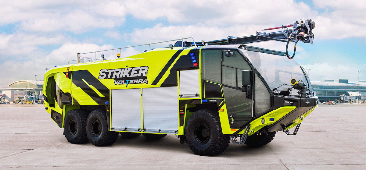 Oshkosh Airport Products' road rally across North America features the new Striker Volterra ARFF hybrid electric vehicle.